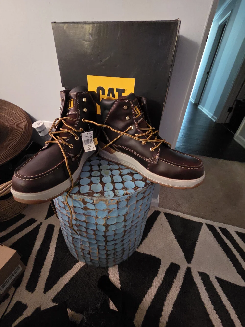 Cat Men’s Brown Leather Work Boots - Lace-Up Moc Toe